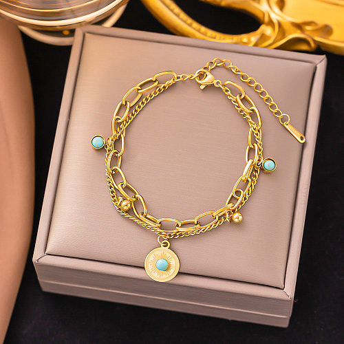 IG Style Round Devil'S Eye Titanium Steel Inlay Turquoise Rhinestones 18K Gold Plated Bracelets