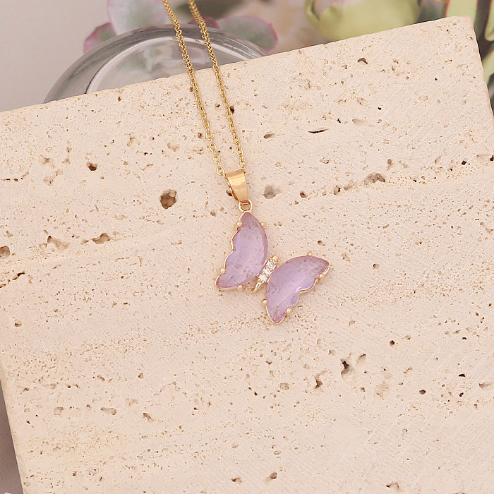 Cute Butterfly Stainless Steel  Glass Copper Pendant Necklace No Inlaid Stainless Steel  Necklaces