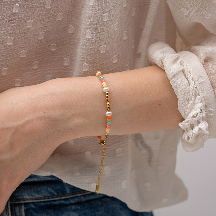 Bracelets colorés en acier inoxydable, 1 pièce, Style INS, perles, plaqué or 18 carats, vente en gros