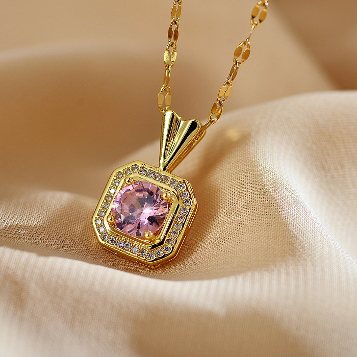 Elegant Luxurious Round Square Stainless Steel Copper Inlay Zircon Pendant Necklace