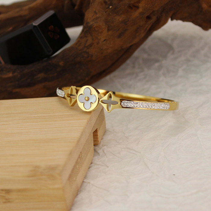 Bracelet en titane et acier plaqué or 18 carats avec strass, style classique et décontracté, trèfle à quatre feuilles, en vrac