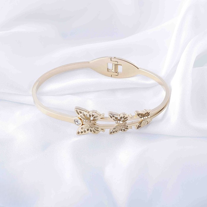 Casual Classic Style Flower Butterfly Stainless Steel Epoxy Inlay Resin Rhinestones Rose Gold Plated Gold Plated Silver Plated Bangle