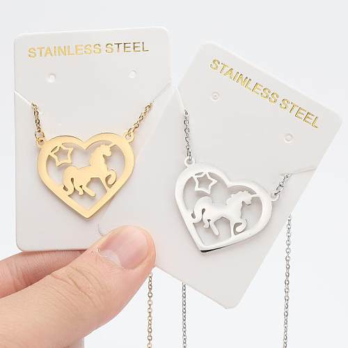 Fashion Heart Shape Unicorn Stainless Steel  Hollow Out Pendant Necklace