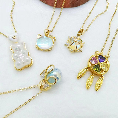 IG-Stil, geometrische Edelstahl-Beschichtung, Intarsien, künstliche Perlen, Strasssteine, Opal, vergoldete Anhänger-Halskette