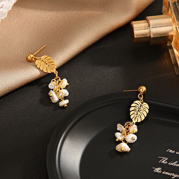 Elegant Leaf Stainless Steel  Inlay Artificial Pearls Drop Earrings 1 Pair