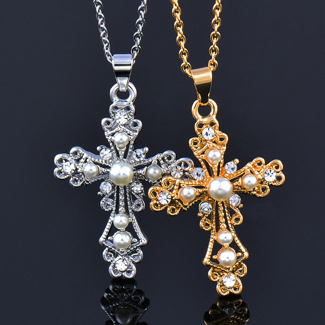 Simple Style Cross Stainless Steel Gold Plated Inlay Rhinestones Pearl Pendant Necklace 1 Piece