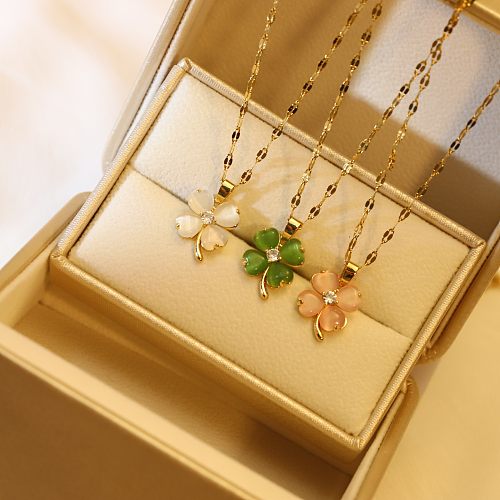 Modische vierblättrige Kleeblatt-Halskette aus Edelstahl mit Opaleinlage