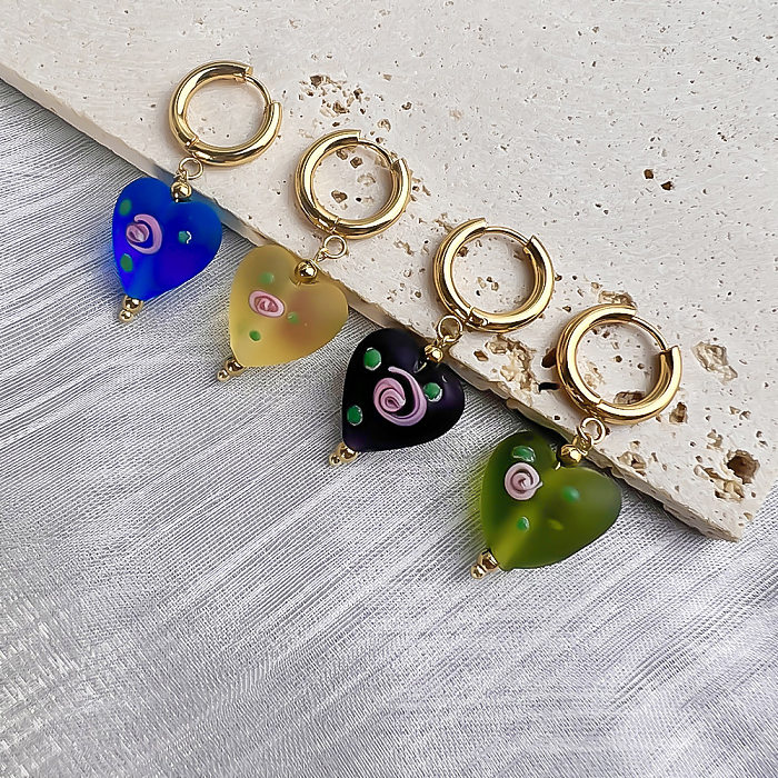 1 Pair Artistic Korean Style Heart Shape Stainless Steel  Glass Drop Earrings