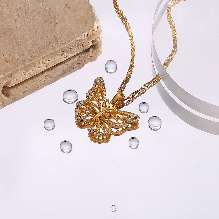 Wholesale British Style Square Butterfly Stainless Steel 18K Gold Plated Artificial Gemstones Pendant Necklace
