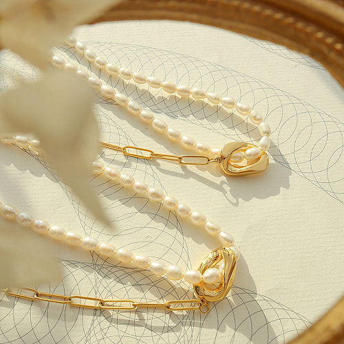Collier de couture de perles d'eau douce de luxe léger, collier en or véritable 18 carats en acier inoxydable