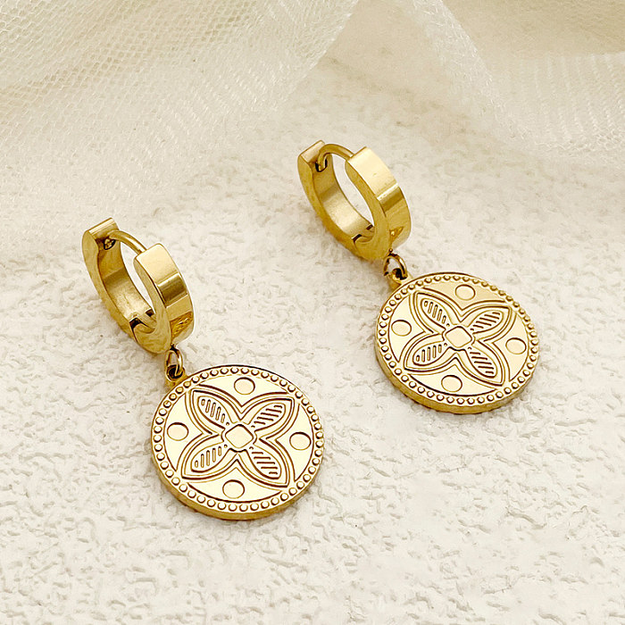 1 Pair Vintage Style Simple Style Roman Style Flower Plating Carving Stainless Steel  Gold Plated Drop Earrings