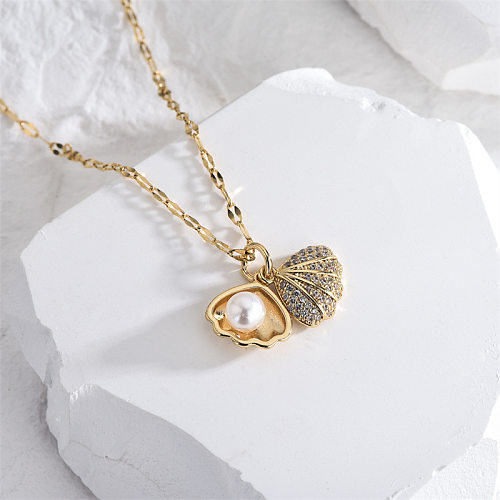 Casual Classic Style Artistic Shell Stainless Steel Plating Inlay Artificial Pearls 18K Gold Plated Necklace