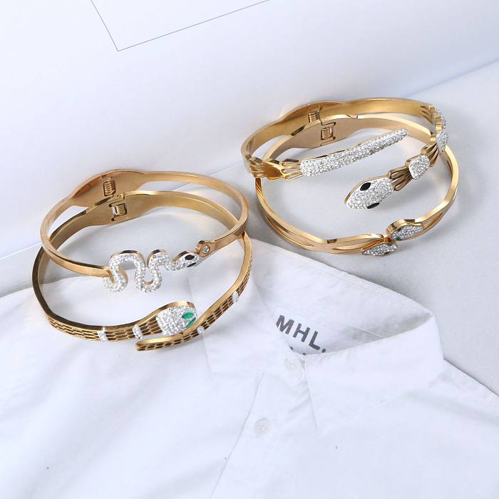 INS Style Retro Novelty Snake Titanium Steel Plating Diamond 18K Gold Plated Bangle