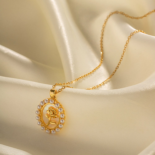 Collier avec pendentif en perles, 1 pièce, fleur à la mode, placage en acier inoxydable, incrustation de perles