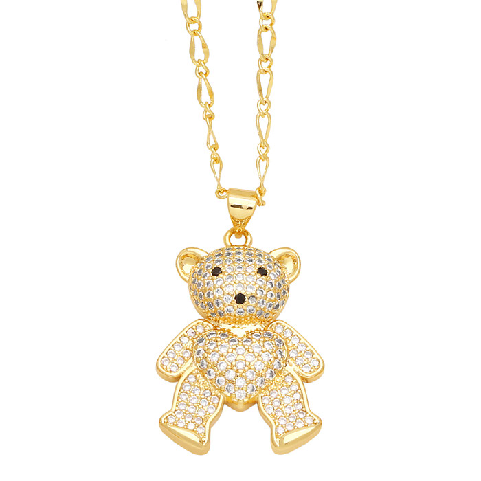 Collier avec pendentif en forme de cœur, petit ours mignon, en acier inoxydable, placage de cuivre, incrustation de Zircon, plaqué or 18 carats