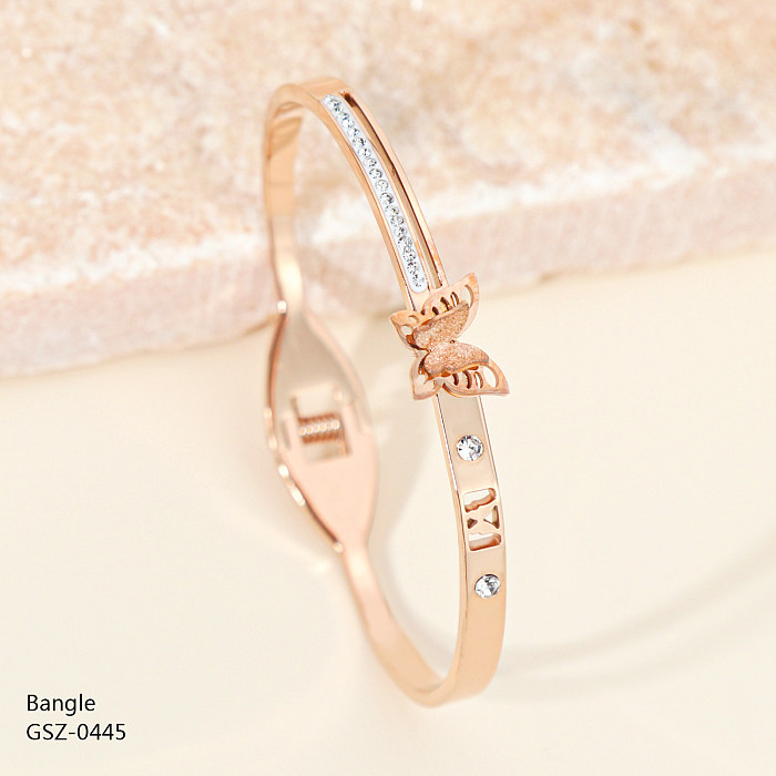 Retro Heart Shape Butterfly Stainless Steel Plating Hollow Out Inlay Rhinestones Rose Gold Plated Gold Plated Silver Plated Bangle