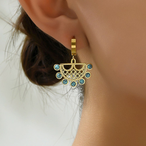 1 paire de boucles d'oreilles pendantes en acier inoxydable, Style Vintage décontracté, incrustation géométrique, Turquoise, plaqué or 18 carats