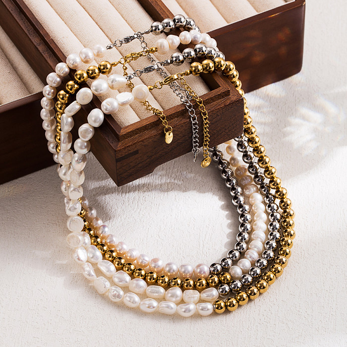 Collar chapado en oro de 18 quilates con perlas de agua dulce de acero inoxidable geométrico de estilo simple de IG a granel