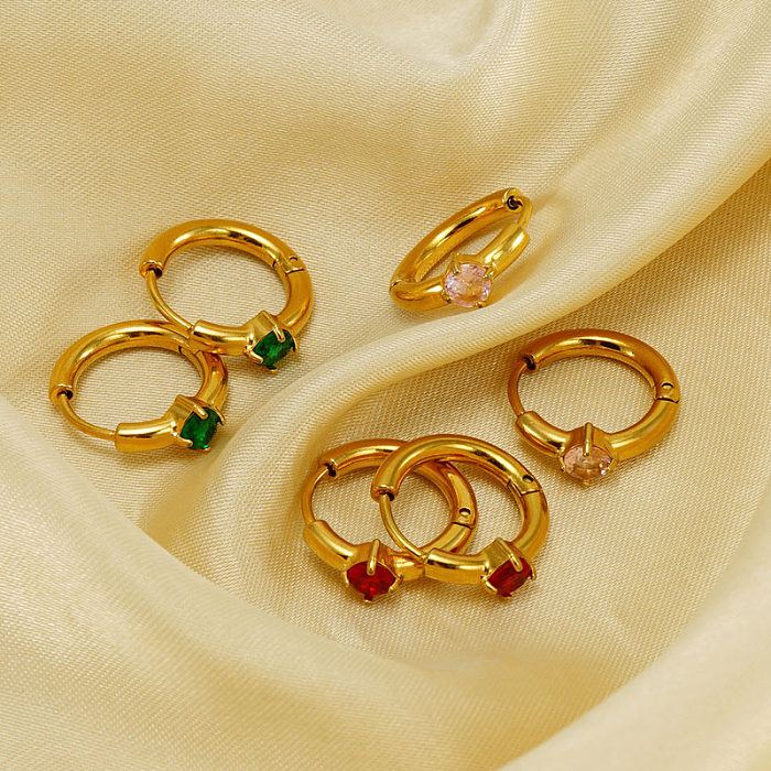 1 Paar glamouröse Retro-Ohrringe mit runder Beschichtung und Inlay aus Edelstahl mit Zirkon und 18-Karat-Vergoldung