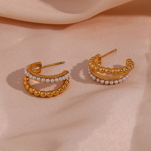 1 paire de clous d'oreilles plaqués or 18 carats, Style moderne en forme de C, incrustation de perles artificielles en acier inoxydable