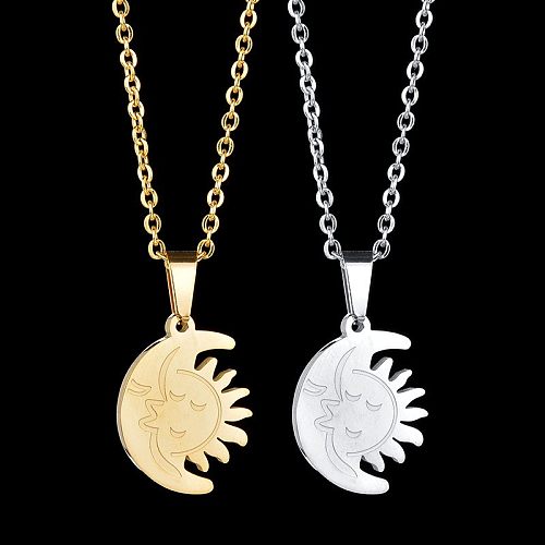 Collier décontracté avec pendentif plaqué soleil et lune en acier inoxydable