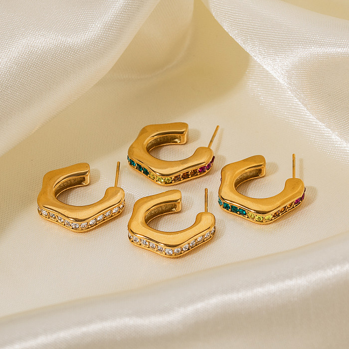 1 Pair Business C Shape Plating Inlay Stainless Steel  Zircon 18K Gold Plated Ear Studs