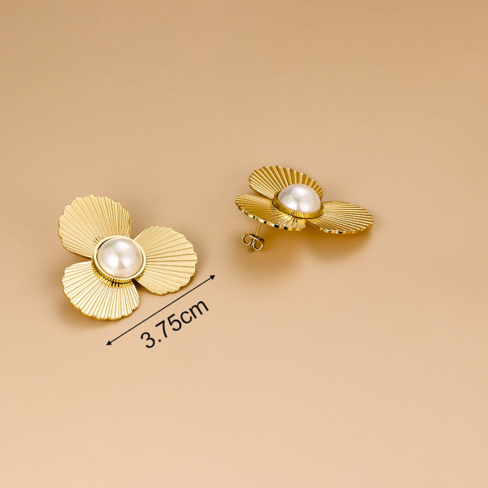 Retro Scallop Flower Stainless Steel  Asymmetrical Artificial Pearls Ear Studs 1 Pair