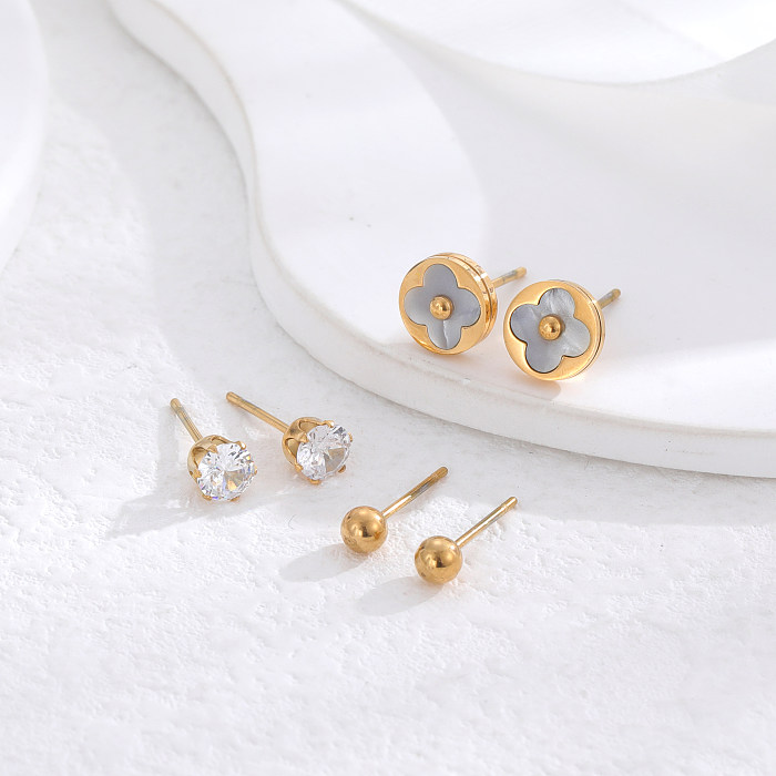 3 Pairs Simple Style Round Heart Shape Butterfly Stainless Steel Inlay Zircon 24K Gold Plated Ear Studs