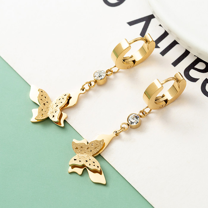 1 Paar moderne Pentagramm-Ohrringe mit runder Schmetterlingsbeschichtung, Edelstahl-Zirkon, 18 Karat vergoldet