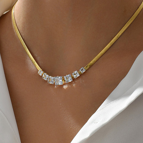 Fashion Simple Geometric Stainless Steel  Inlaid Square Zircon Necklace