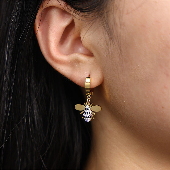 1 paire de boucles d'oreilles pendantes en acier inoxydable, Style Simple, incrustation d'abeille, strass