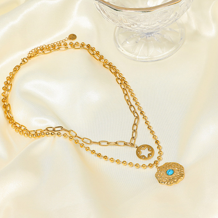 Colar retrô simples estilo setor estrela oval de aço inoxidável banhado a ouro turquesa