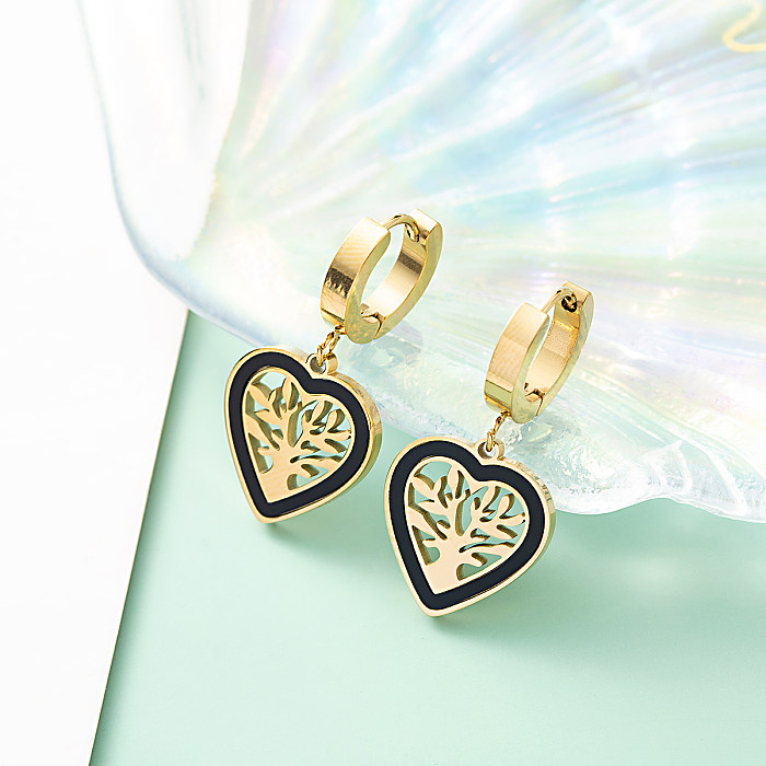 1 Pair Fashion Tree Heart Shape Stainless Steel Patchwork Inlay Shell Drop Earrings