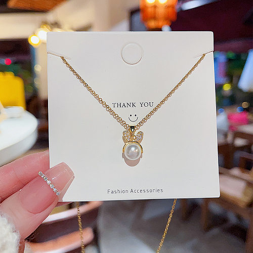 Cute Bunny Ears Stainless Steel Pearl Inlay Zircon Pendant Necklace