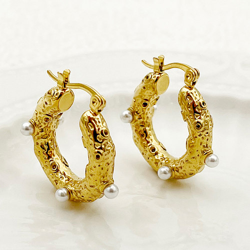 1 Paar Retro-Ohrringe mit einfarbiger Beschichtung und Inlay aus Edelstahl mit Perlenvergoldung