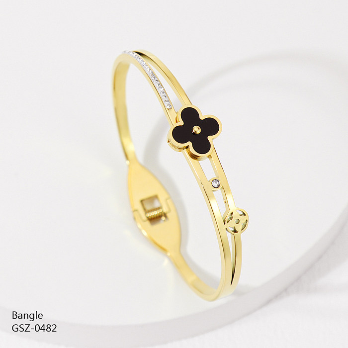 Simple Style Four Leaf Clover Stainless Steel Plating Hollow Out Inlay Rhinestones Rose Gold Plated Gold Plated Silver Plated Bangle