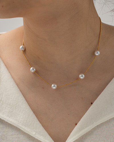Collier rond en acier inoxydable avec placage de perles artificielles, 1 pièce, à la mode