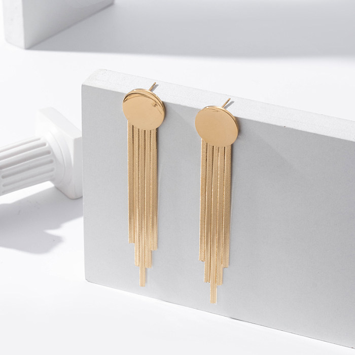 Stylish Simple And Versatile High-Grade Stainless Steel Niche Stainless Steel  Long Tassel C- Shaped Hemp Pattern Triangle Earrings