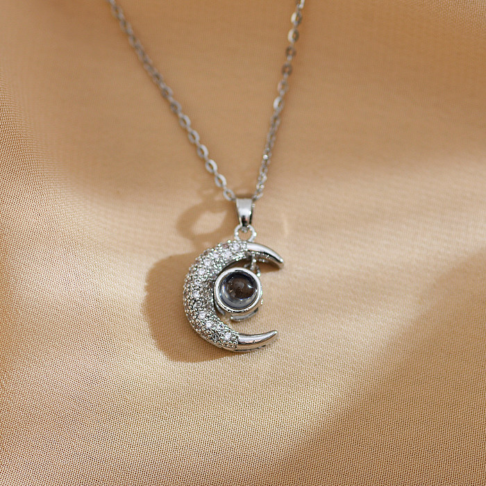 Retro Classic Style Moon Stainless Steel Copper Inlay Zircon Pendant Necklace