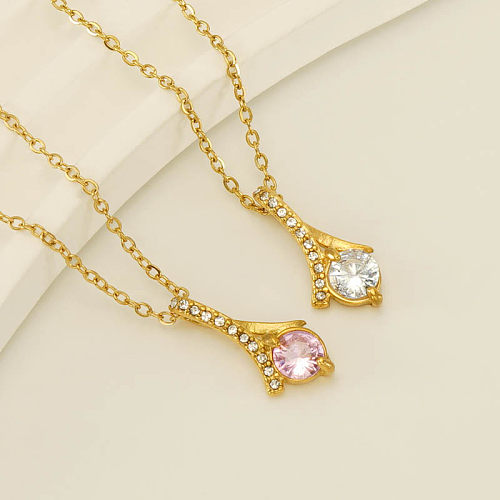 Modern Style Shiny Geometric Stainless Steel  Plating Inlay Rhinestones 18K Gold Plated Pendant Necklace
