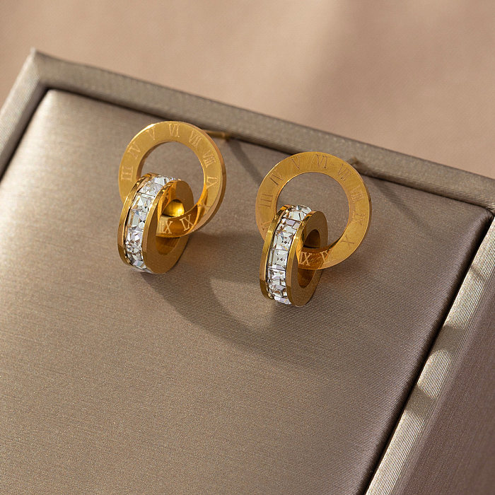 1 par de pendientes colgantes de diamantes de imitación de acero inoxidable con incrustaciones de números romanos artísticos dulces románticos