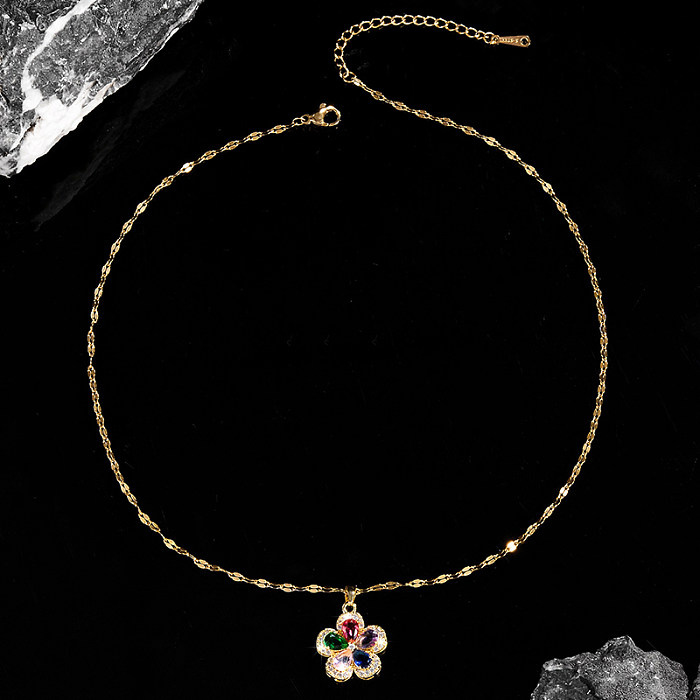 Sweet Shiny Flower Stainless Steel  Copper 14K Gold Plated Zircon Pendant Necklace In Bulk
