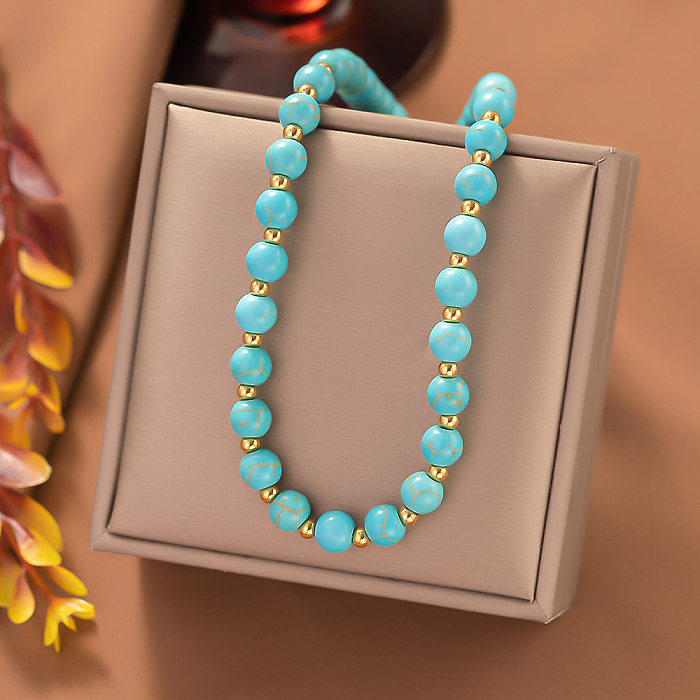 Casual Retro Round Square Oval Turquoise Stainless Steel Beaded Plating Necklace