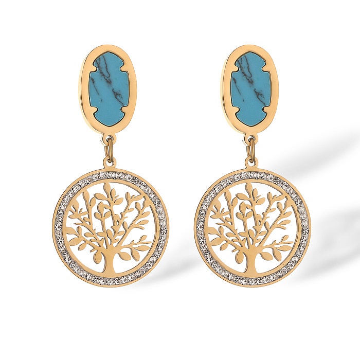 1 Pair Simple Style Commute Bc1035 Lucky Tree Plating Inlay Stainless Steel Turquoise Zircon 18K Gold Plated Drop Earrings