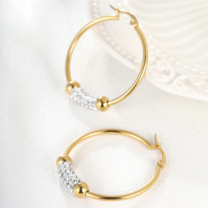 1 Pair Modern Style Shiny Circle Stainless Steel  Plating Inlay Rhinestones 18K Gold Plated Hoop Earrings
