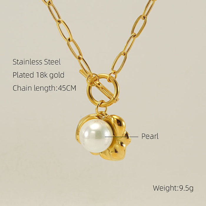 Retro Oval Eye Stainless Steel  Plating Inlay Gem Pearl 18K Gold Plated Pendant Necklace Long Necklace
