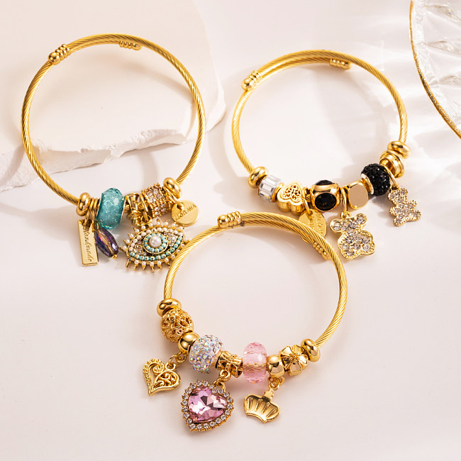 Cute Romantic Sweet Devil'S Eye Bear Titanium Steel Beaded Plating Inlay Artificial Crystal Gold Plated Bangle