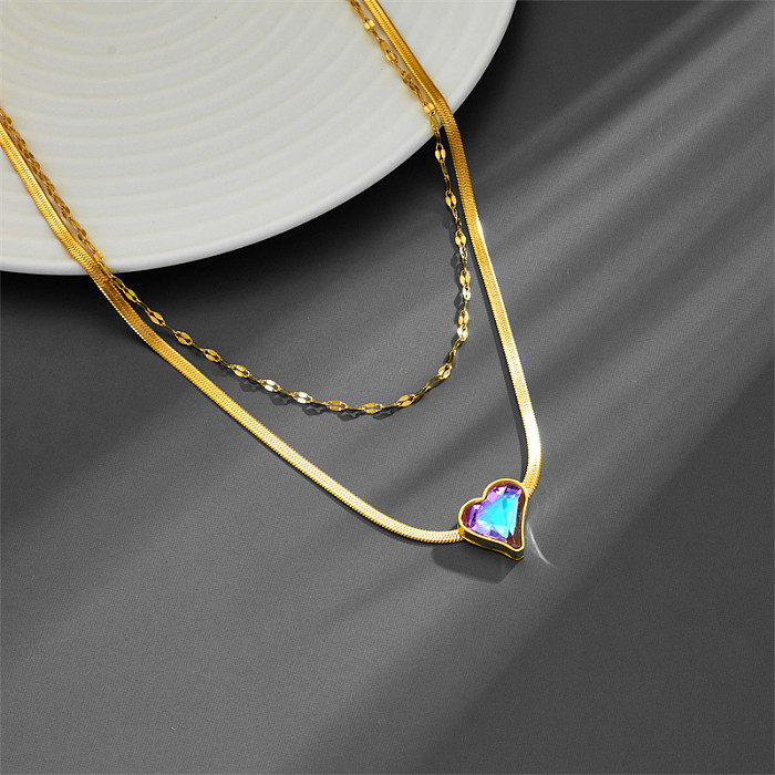IG Style Sweet Heart Shape Stainless Steel Inlay Zircon 18K Gold Plated Layered Necklaces