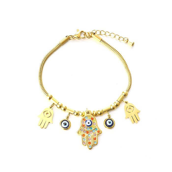 Cool Style Shiny Hand Eye Stainless Steel Layered Plating Inlay Zircon 18K Gold Plated Bracelets