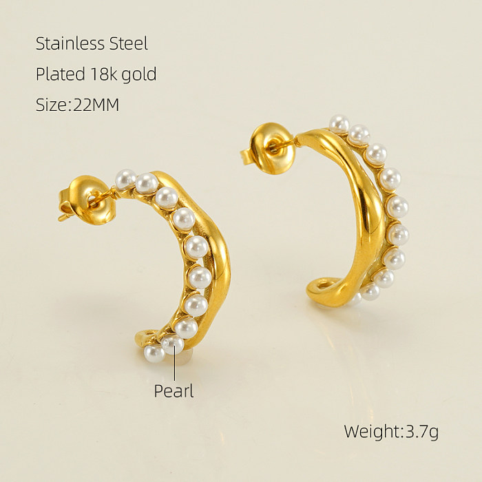 1 Pair Elegant C Shape Polishing Plating Inlay Stainless Steel  Freshwater Pearl 18K Gold Plated Ear Studs